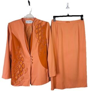 Mariella‎ Ferretti Dress Orange 2 Pc Suit Jacket Embellished Fan Sequin Size 12